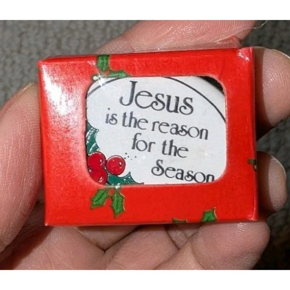 Vintage Lapel Pin Jesus is the Reason For The Season Christmas Porcelain In Box